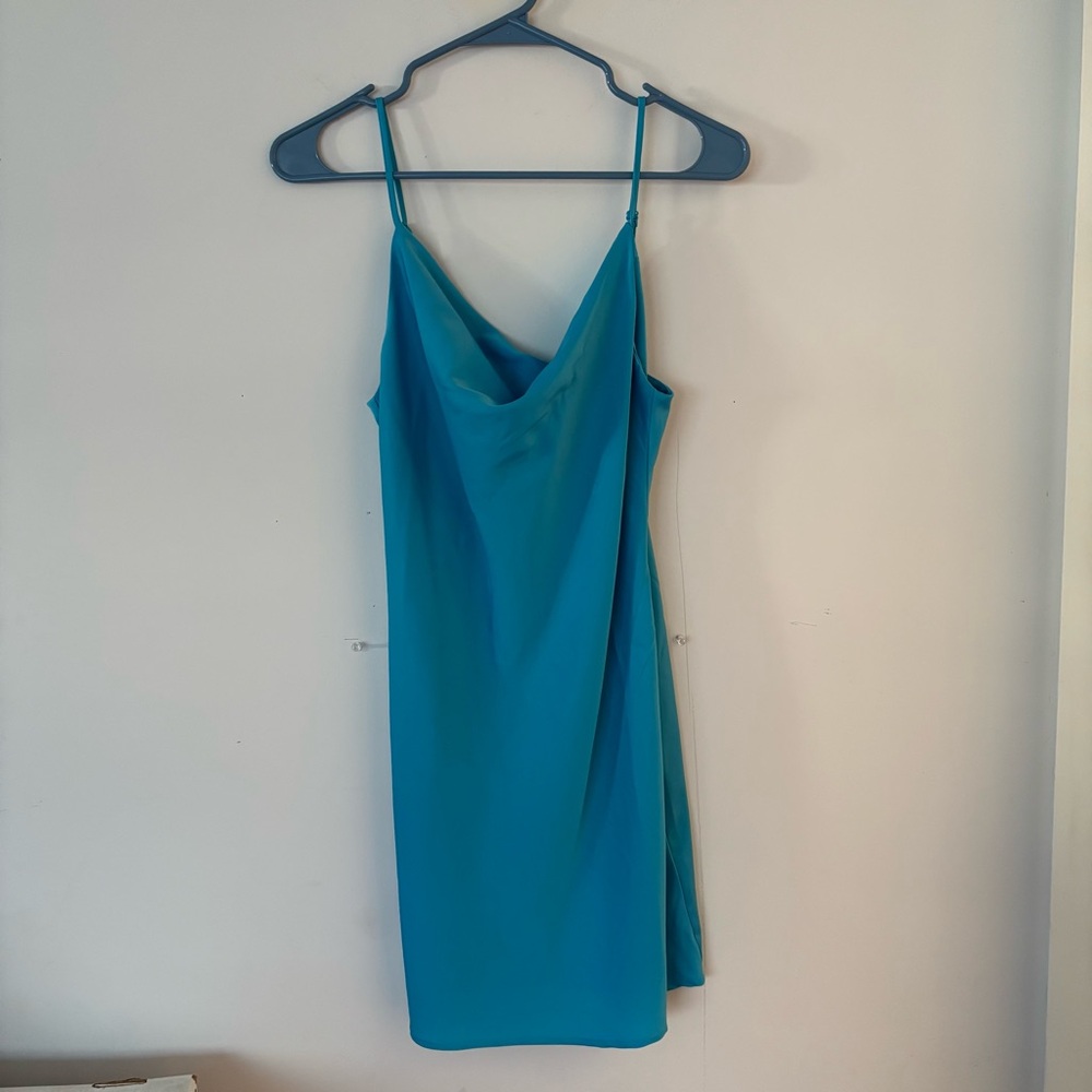 urban outfitters aqua teal turquoise silk satin cowl neck mini slip dress🩵